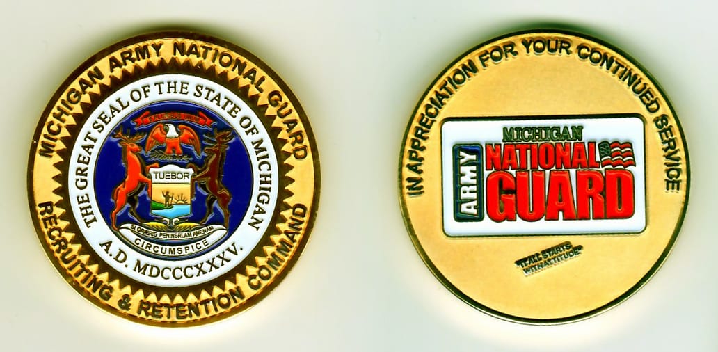 Round shaped, gold colored coin, 1-13/16 inches in diameter.