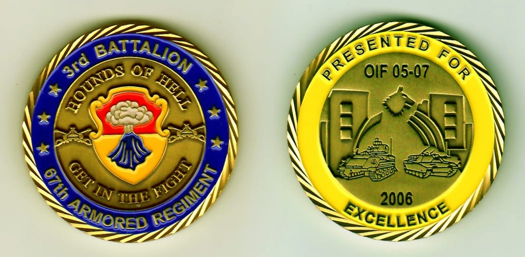 Round shaped, gold colored coin, 1-13/16 inches in diameter.