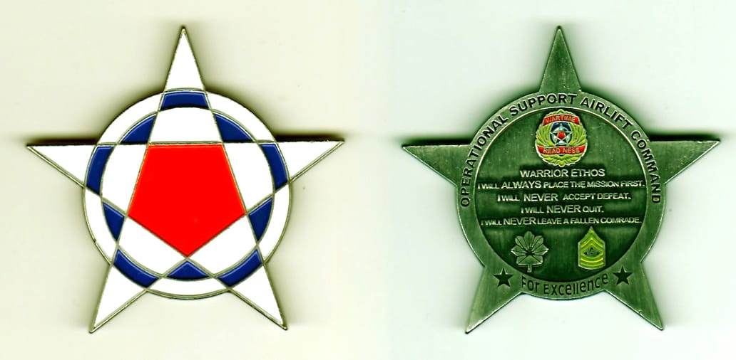 Five pointed star shape with its tips protruding beyond an inner circle, pewter colored coin, 2-1/4 inches in diameter.