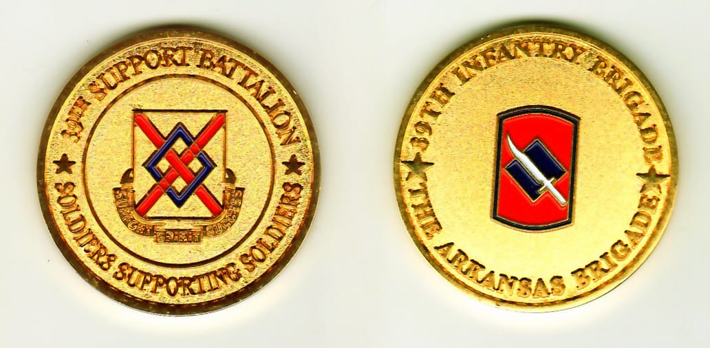 Round shaped, gold colored coin, 1-3/8 inches in diameter.