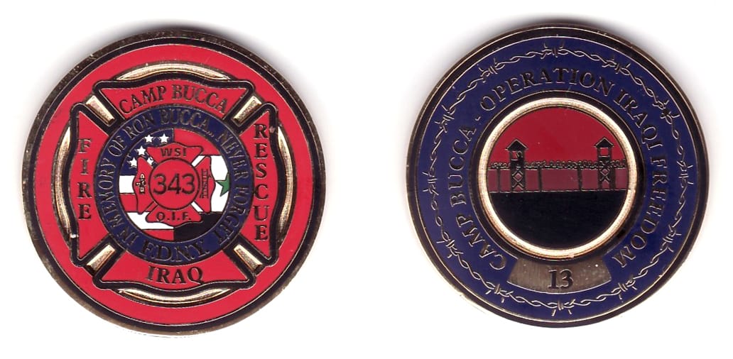 Round shaped, gold colored coin, 1- 13/16 inches in diameter.