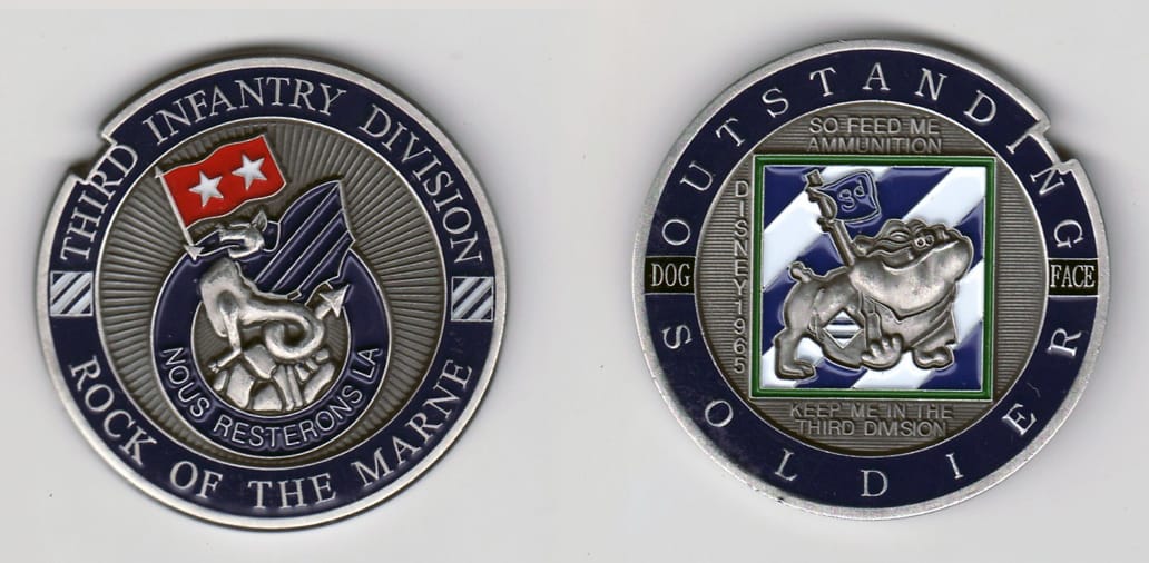 Round shaped, pewter colored coin, 1- 13/16 inches in diameter.