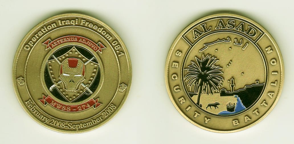 Round shaped,  brass colored coin, 1- 13/16 inches in diameter.