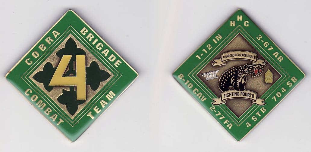 Diamond shaped, gold colored coin, 1- 3/4 inches wide x 1- 3/4 inches high.