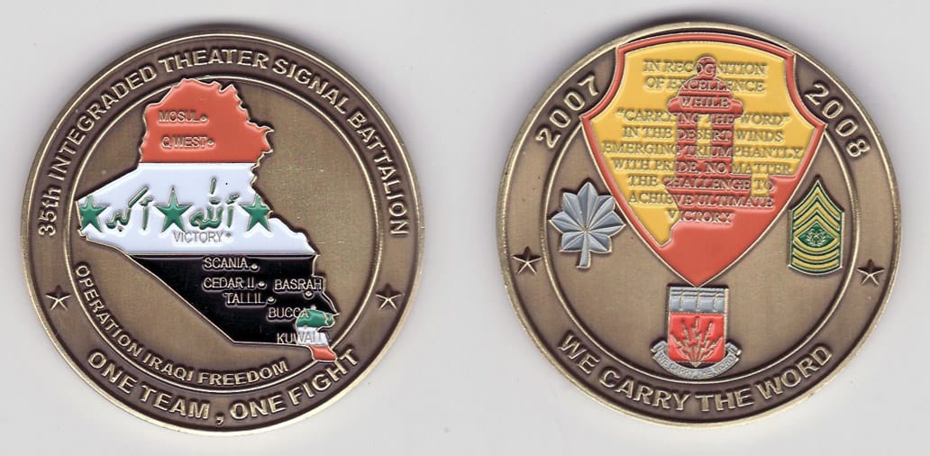 Round shaped, antique brass colored coin, 2- 1/8 inches in diameter.