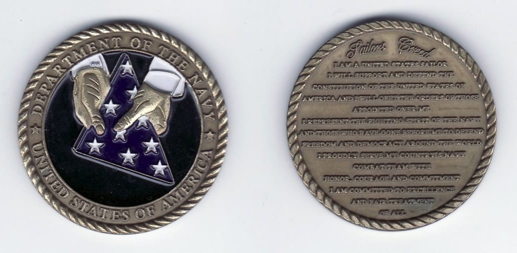 Round shaped, antique brass colored coin, 1- 11/16 inches in diameter.