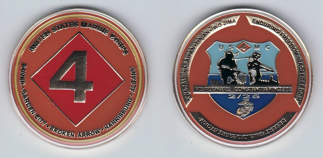 Round shaped, gold colored coin, 1-5/8 inches in diameter.