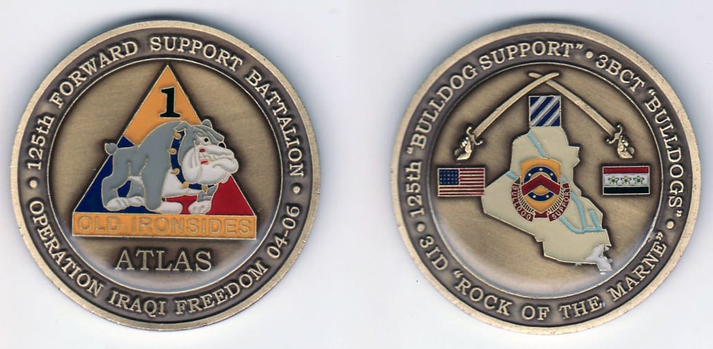 Round shaped, antique brass colored coin, 2- 1/8 inches in diameter.