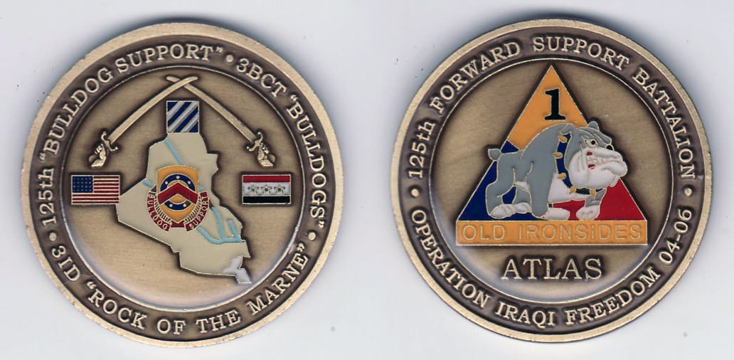 Round shaped, antique brass colored coin, 2- 1/8 inches in diameter.