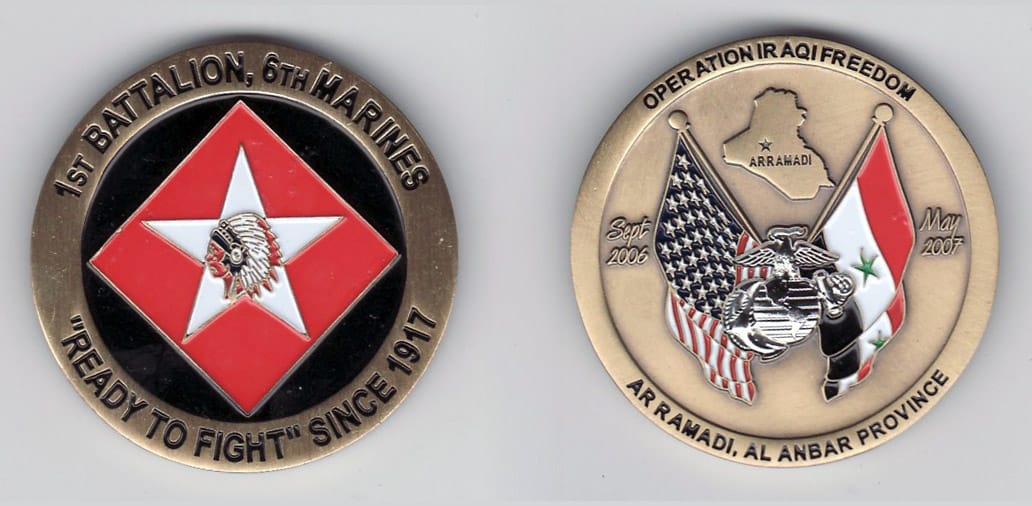 Round shaped, gold colored coin, 1- 13/16 inches in diameter.