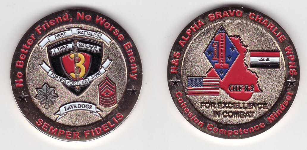 Round shaped, gold colored coin, 1- 13/16 inches in diameter.