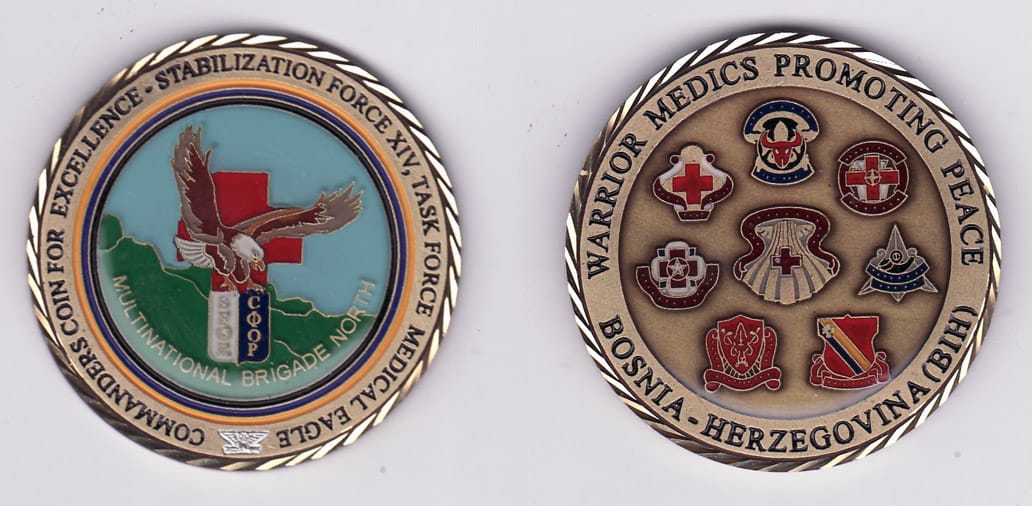 Round shaped, brass colored coin, 1- 13/16 inches in diameter.