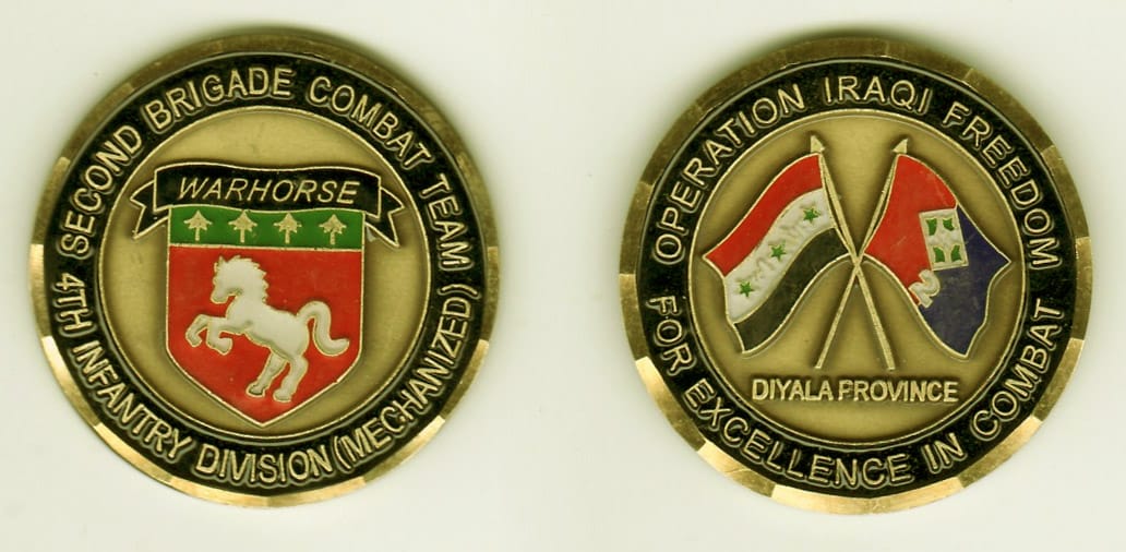 Round shaped, brass colored coin, 1- 13/16 inches in diameter.