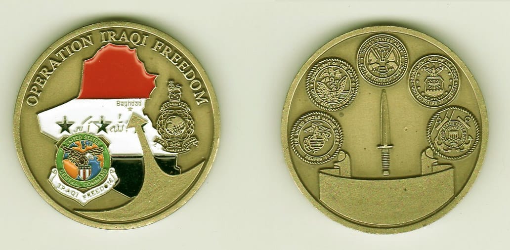 Round shaped, brass colored coin, 1-5/8 inches in diameter.