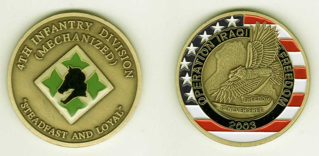 Round shaped, brass colored coin, 1- 13/16 inches in diameter.