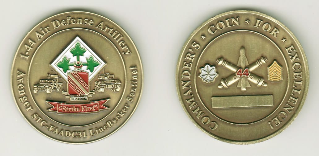 Round shaped, brass colored coin, 1-5/8 inches in diameter.