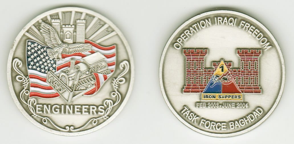 Round shaped, pewter colored coin, 1- 13/16 inches in diameter.