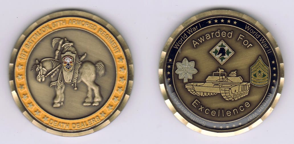 Round shaped,  brass colored coin, 1- 13/16 inches in diameter.