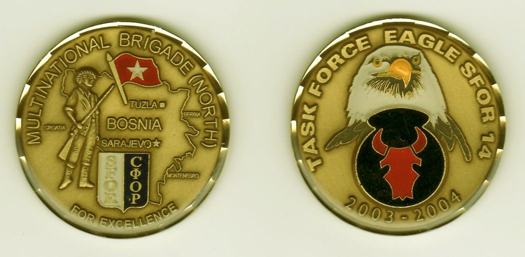 Round shaped,  brass colored coin, 1- 13/16 inches in diameter.