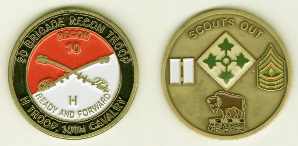 Round shaped, brass colored coin, 1- 13/16 inches in diameter.