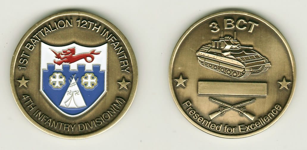 Round shaped, brass colored coin, 1- 13/16 inches in diameter.