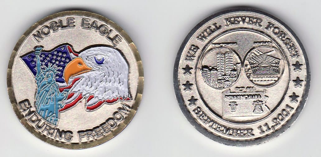 Round shaped, silver colored coin, 1-5/8 inches in diameter.