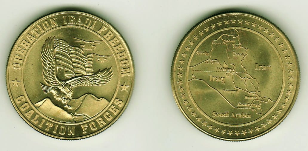 Round shaped, brass colored coin, 1- 1/2 inches in diameter.