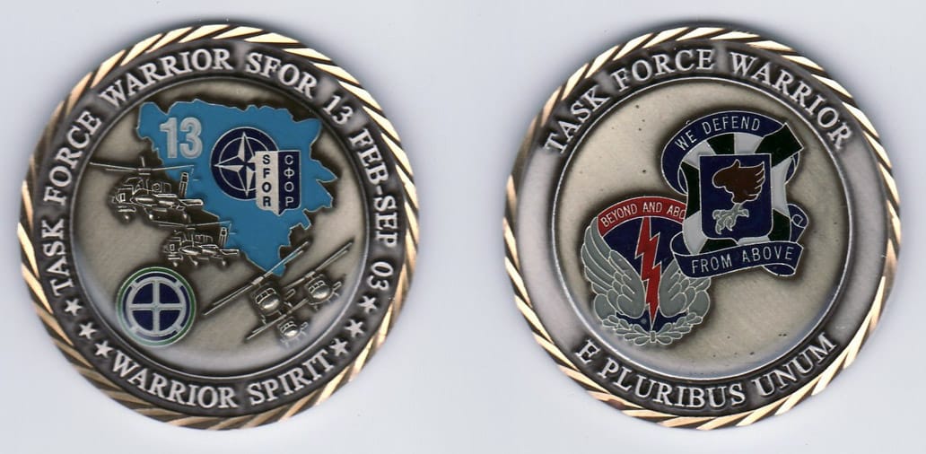 Round shaped, silver colored coin with gold colored rim, 1- 13/16 inches in diameter.