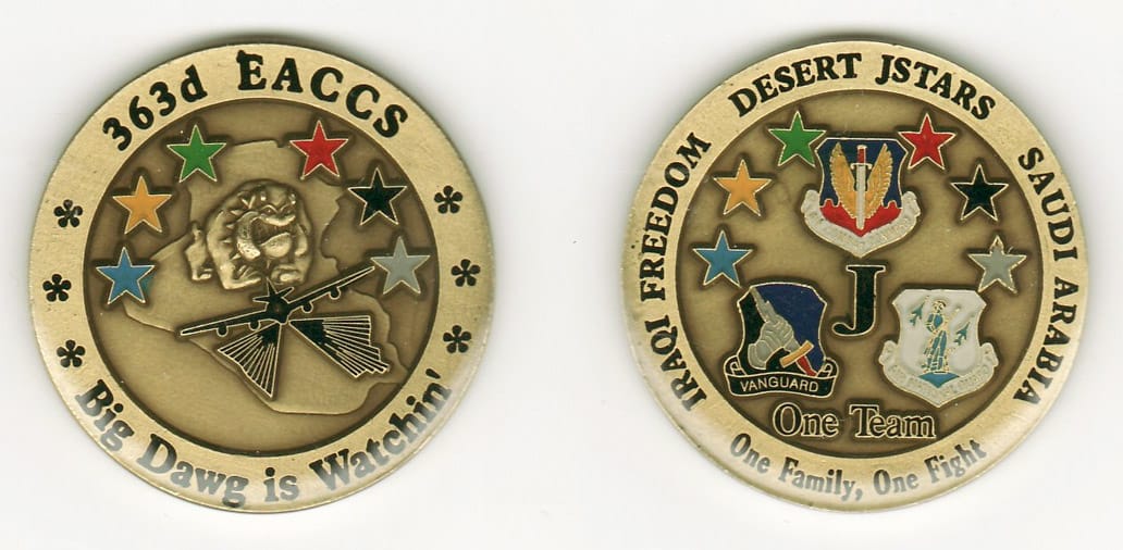 Round shaped, brass colored coin, 1- 13/16 inches in diameter.