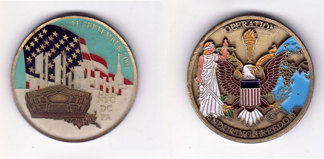 Round shaped, brass colored coin, 1- 1/4 inches in diameter.