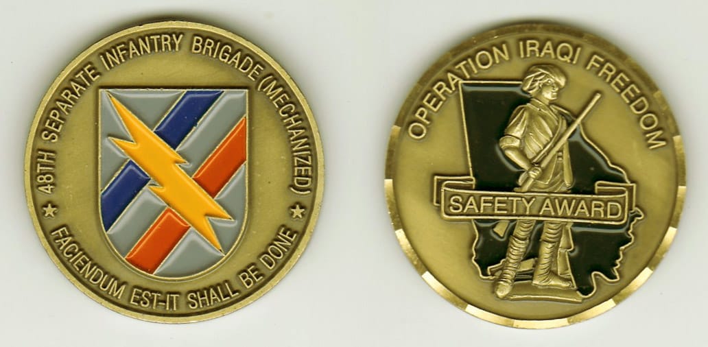 Round shaped, brass colored coin, 1-5/8 inches in diameter.