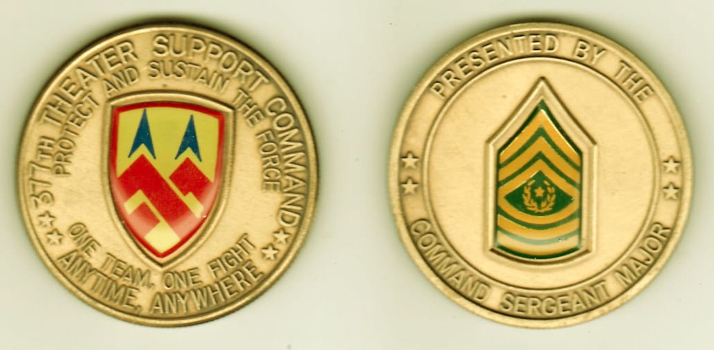 Round shaped, brass colored coin, 1- 13/16 inches in diameter.