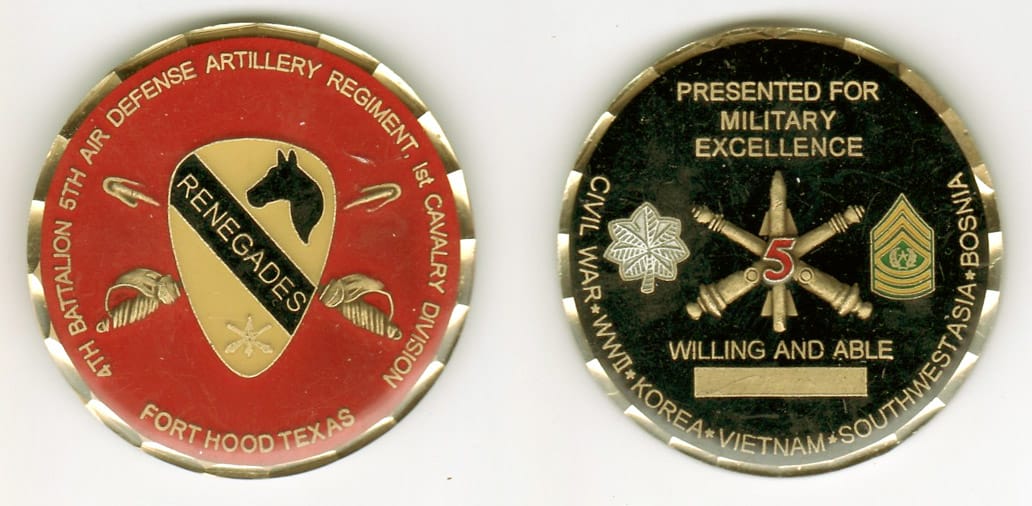 Round shaped,  brass colored coin, 2- 1/8 inches in diameter.