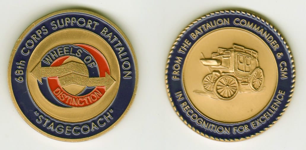 Round shaped, brass colored coin, 1- 13/16 inches in diameter.