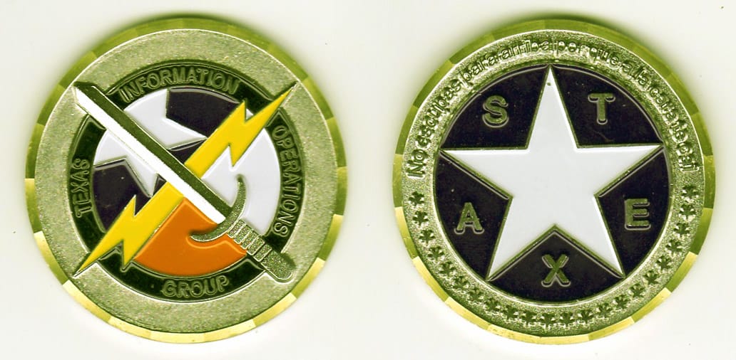 Round shaped, gold colored coin, 2 inches in diameter.