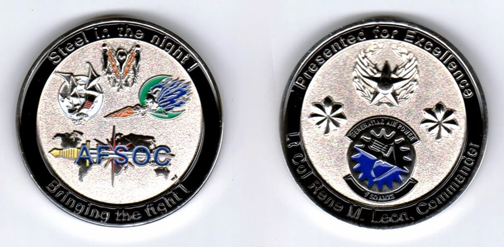 Round shaped, silver colored coin, 1-5/8 inches in diameter.