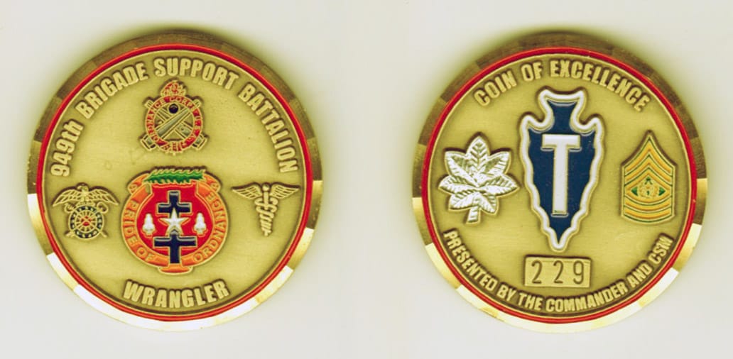 Round shaped, brass colored coin, 1-5/8 inches in diameter.