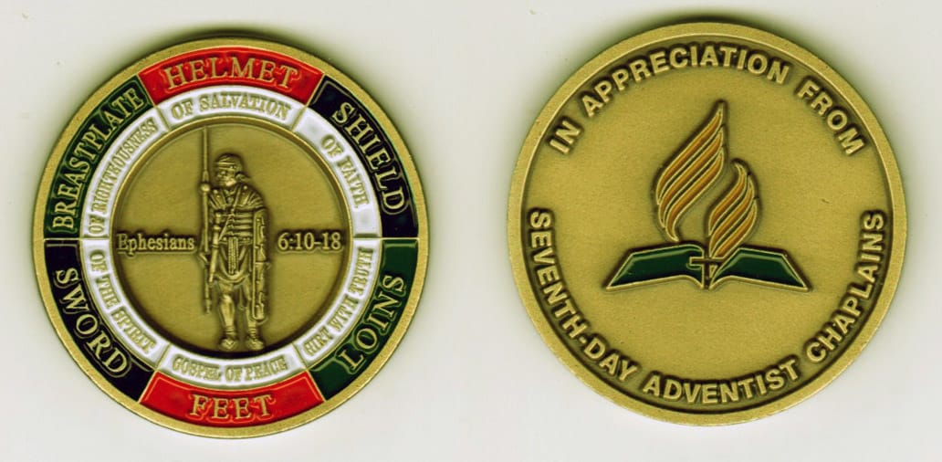 Round shaped, antique brass colored coin, 1-11/16 inches in diameter.