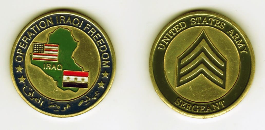 Round shaped, brass colored coin, 1-5/8 inches in diameter.