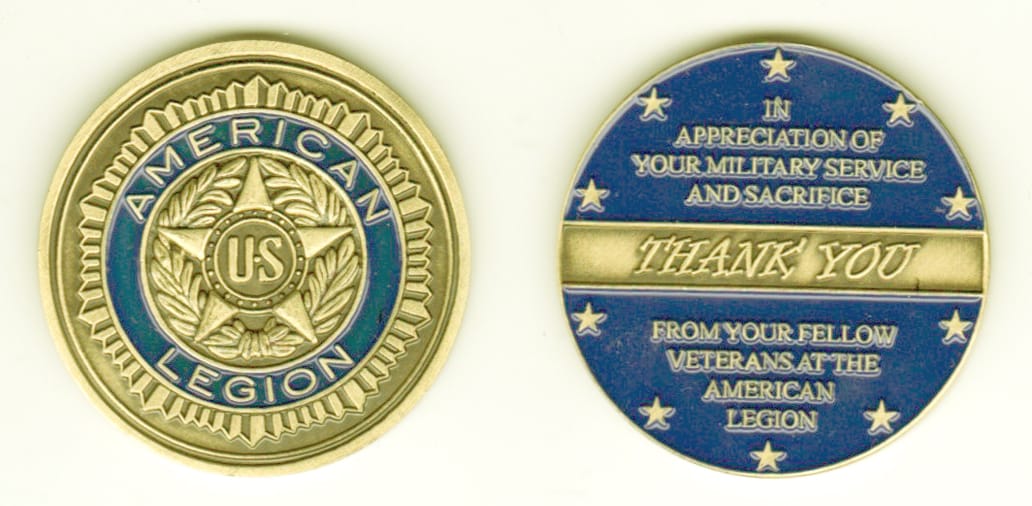 Round shaped, antique brass colored coin, 1- 1/2 inches in diameter.