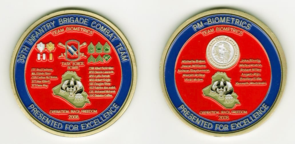 Round shaped, antique brass colored coin, 2-1/8 inches in diameter.