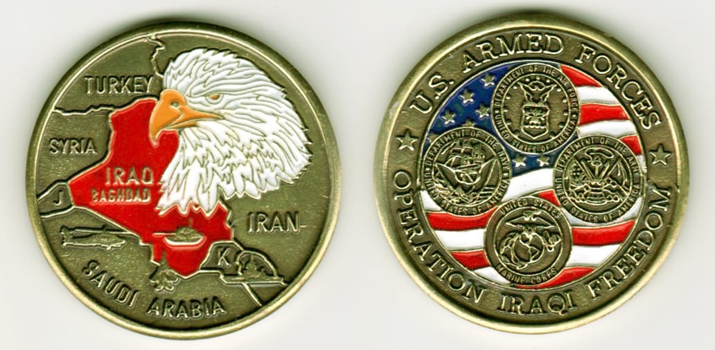 Round shaped, gold colored coin, 1-5/8 inches in diameter.