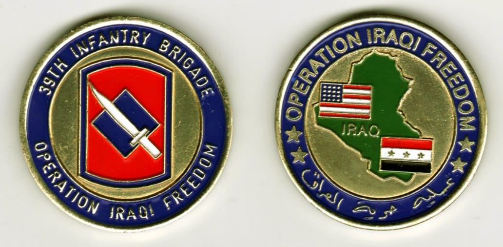 Round shaped, brass colored coin, 1-5/8 inches in diameter.