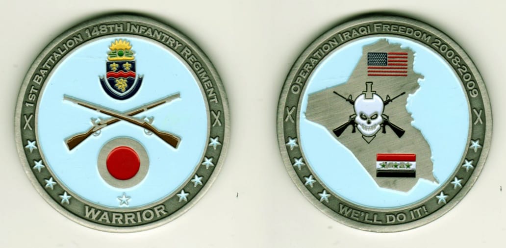 Round shaped, pewter colored coin, 2-1/8 inches in diameter.