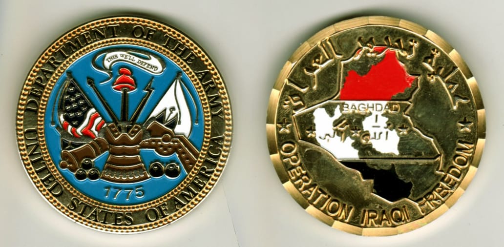 Round shaped, gold colored coin, 2-1/8 inches in diameter.