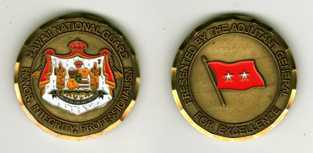 Round shaped, copper colored coin, 1-1/4 inches in diameter.