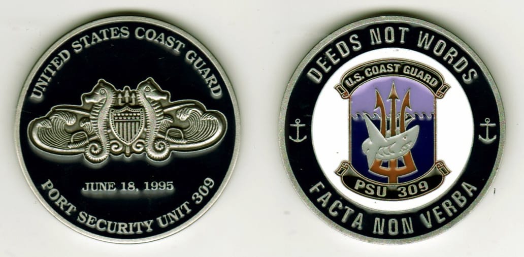 Round shaped, silver colored coin, 1- 13/16 inches in diameter.