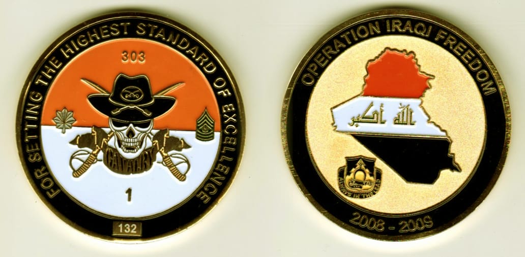 Round shaped, gold colored coin, 2 1/8 inches in diameter.