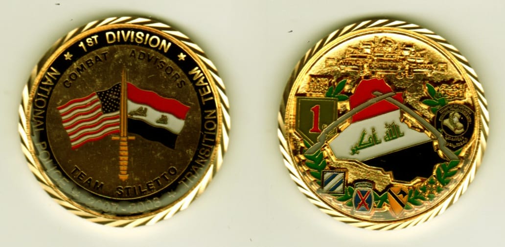 Round shaped, gold colored coin, 1-13/16 inches in diameter.