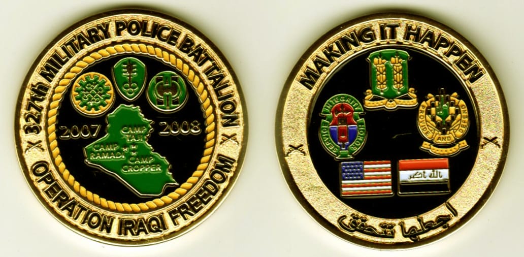 Round shaped, antique brass colored coin, 1-5/8 inches in diameter.